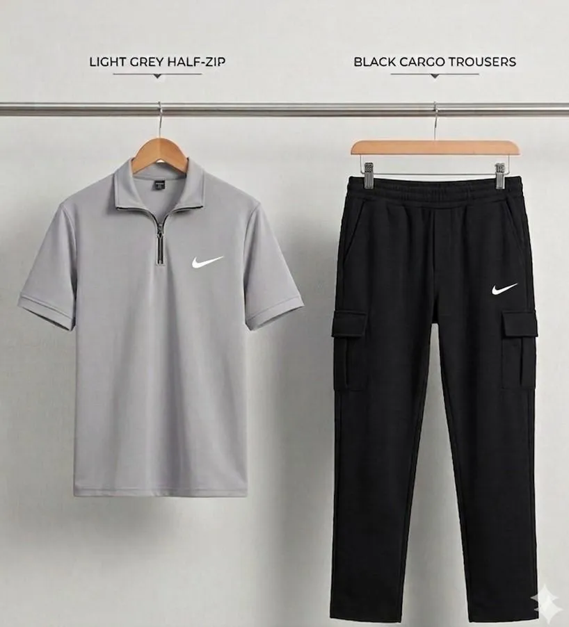 Light Grey Half-Zip Shirt & Black Cargo Trousers Co-ord Set (small, black)